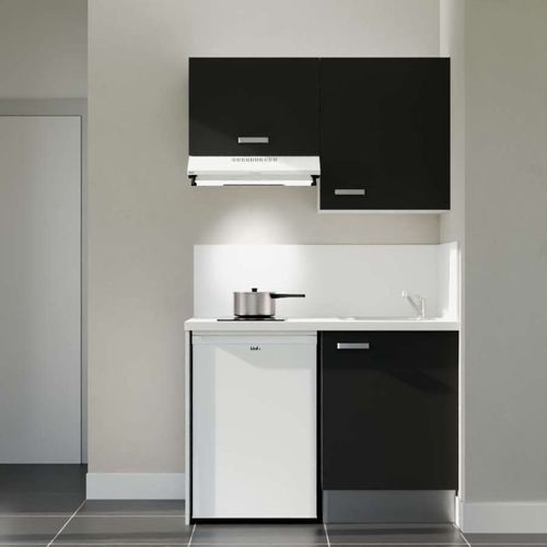 Kitchenette K01l-pt - 120 Cm-façade Noir-plan Blanc-evier Inox-crédences Oui+electro Blanc