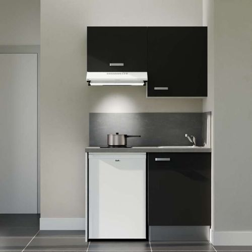 Kitchenette K01l-pt - 120 Cm-façade Noir-plan Gris Béton-evier Inox-crédences Oui+electro Blanc