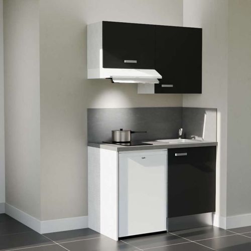 Kitchenette K01l-pt - 120 Cm-façade Noir-plan Gris Béton-evier Inox-crédences Oui+electro Blanc