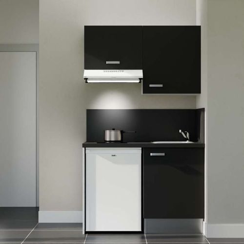 Kitchenette K01l-pt - 120 Cm-façade Noir-plan Noir Texturé-evier Inox-crédences Oui+electro Blanc