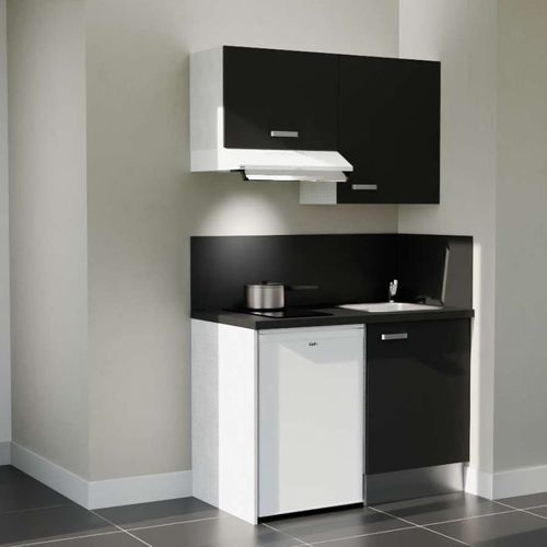 Kitchenette K01l-pt - 120 Cm-façade Noir-plan Noir Texturé-evier Inox-crédences Oui+electro Blanc