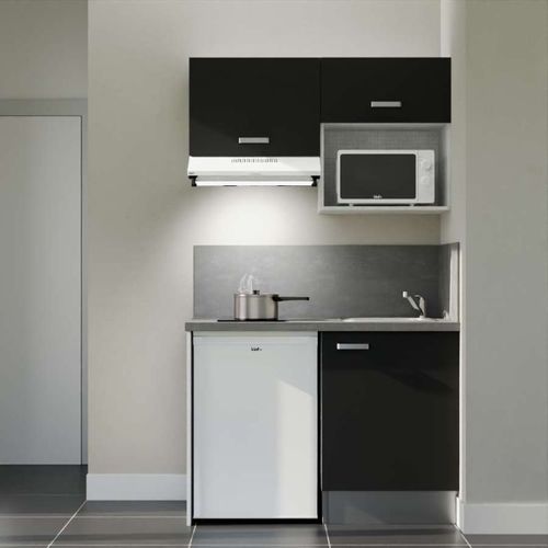 Kitchenette K02l-pt - 120 Cm-façade Noir-plan Gris Béton-evier Inox-crédences Oui+electro Blanc