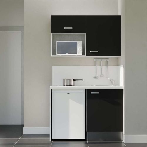 Kitchenette K07l-pt - 120 Cm-façade Noir-plan Blanc-evier Inox-crédences Oui+electro Blanc
