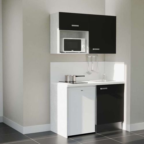 Kitchenette K07l-pt - 120 Cm-façade Noir-plan Blanc-evier Inox-crédences Oui+electro Blanc