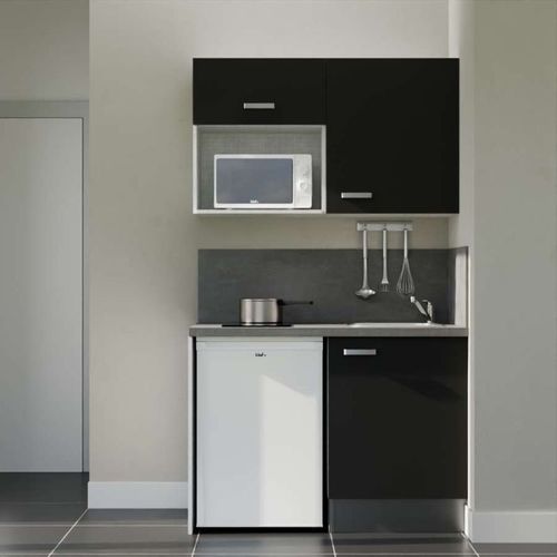 Kitchenette K07l-pt - 120 Cm-façade Noir-plan Gris Béton-evier Inox-crédences Oui+electro Blanc