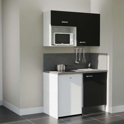 Kitchenette K07l-pt - 120 Cm-façade Noir-plan Gris Béton-evier Inox-crédences Oui+electro Blanc