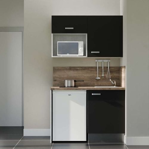 Kitchenette K07l-pt - 120 Cm-façade Noir-plan Bois-evier Inox-crédences Oui+electro Blanc