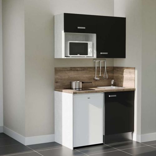 Kitchenette K07l-pt - 120 Cm-façade Noir-plan Bois-evier Inox-crédences Oui+electro Blanc