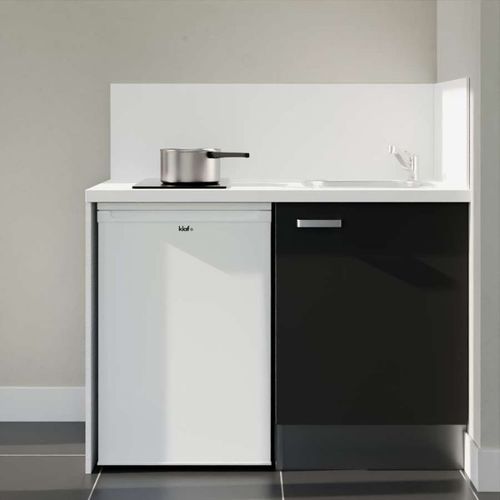 Kitchenette K08l-pt - 120 Cm-façade Noir-plan Blanc-evier Inox-crédences Oui+electro Blanc
