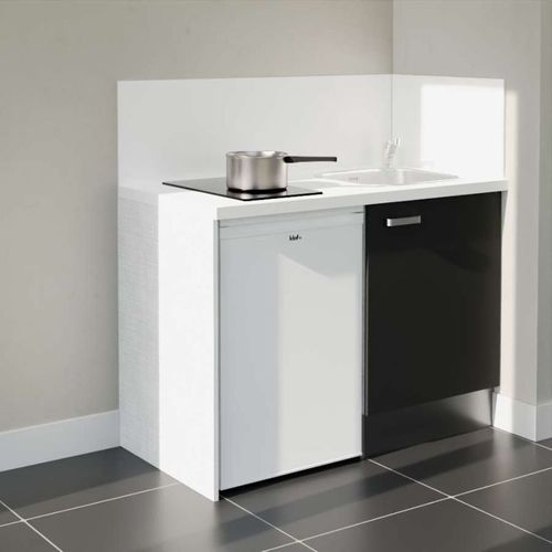 Kitchenette K08l-pt - 120 Cm-façade Noir-plan Blanc-evier Inox-crédences Oui+electro Blanc