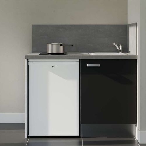 Kitchenette K08l-pt - 120 Cm-façade Noir-plan Gris Béton-evier Inox-crédences Oui+electro Blanc