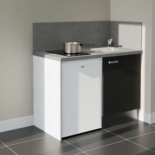 Kitchenette K08l-pt - 120 Cm-façade Noir-plan Gris Béton-evier Inox-crédences Oui+electro Blanc