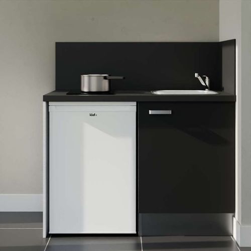 Kitchenette K08l-pt - 120 Cm-façade Noir-plan Noir Texturé-evier Inox-crédences Oui+electro Blanc