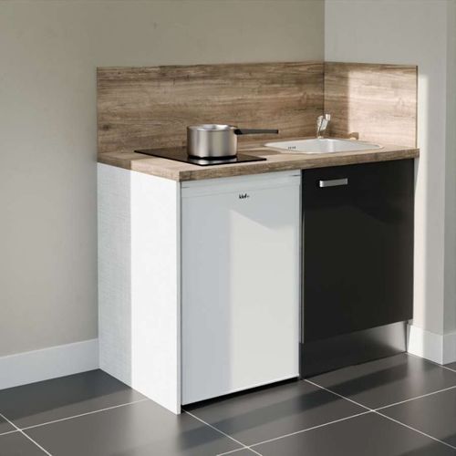 Kitchenette K08l-pt - 120 Cm-façade Noir-plan Bois-evier Inox-crédences Oui+electro Blanc