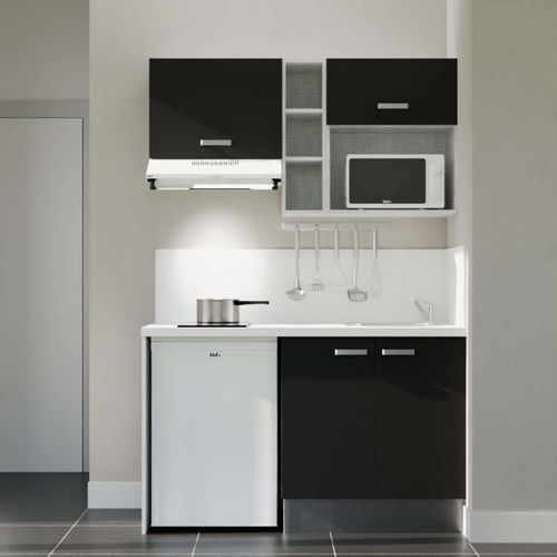 Kitchenette K13l-pt - 140 Cm-façade Noir-plan Blanc-evier Inox-crédences Oui+electro Blanc