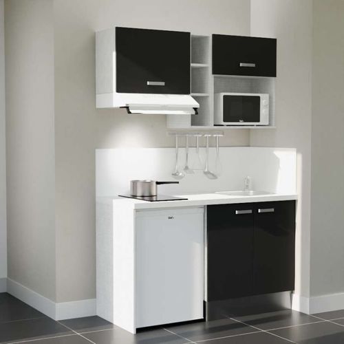 Kitchenette K13l-pt - 140 Cm-façade Noir-plan Blanc-evier Inox-crédences Oui+electro Blanc