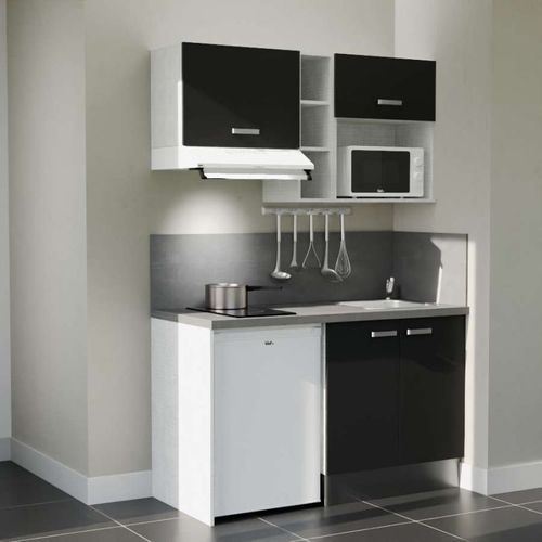 Kitchenette K13l-pt - 140 Cm-façade Noir-plan Gris Béton-evier Inox-crédences Oui+electro Blanc