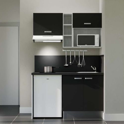 Kitchenette K13l-pt - 140 Cm-façade Noir-plan Noir Texturé-evier Inox-crédences Oui+electro Blanc