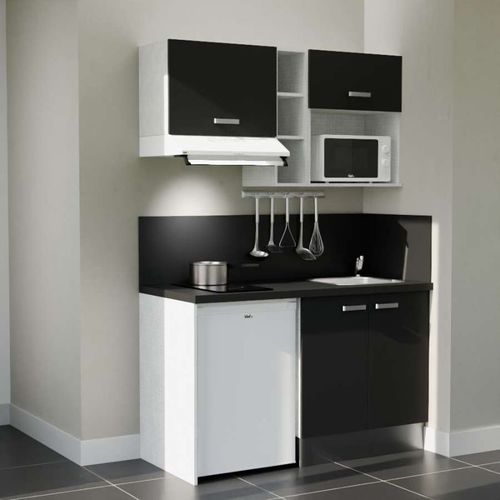 Kitchenette K13l-pt - 140 Cm-façade Noir-plan Noir Texturé-evier Inox-crédences Oui+electro Blanc