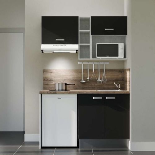 Kitchenette K13l-pt - 140 Cm-façade Noir-plan Bois-evier Inox-crédences Oui+electro Blanc