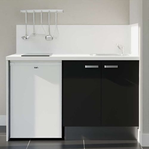Kitchenette K17l-pt - 140 Cm-façade Noir-plan Blanc-evier Inox-crédences Oui+electro Blanc