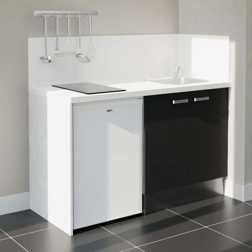 Kitchenette K17l-pt - 140 Cm-façade Noir-plan Blanc-evier Inox-crédences Oui+electro Blanc