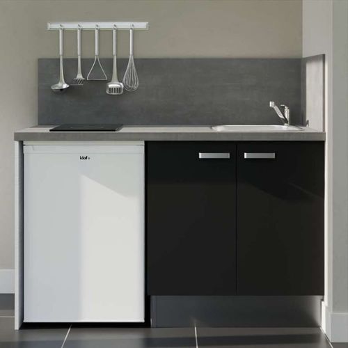 Kitchenette K17l-pt - 140 Cm-façade Noir-plan Gris Béton-evier Inox-crédences Oui+electro Blanc