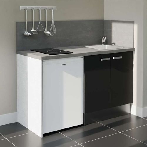 Kitchenette K17l-pt - 140 Cm-façade Noir-plan Gris Béton-evier Inox-crédences Oui+electro Blanc