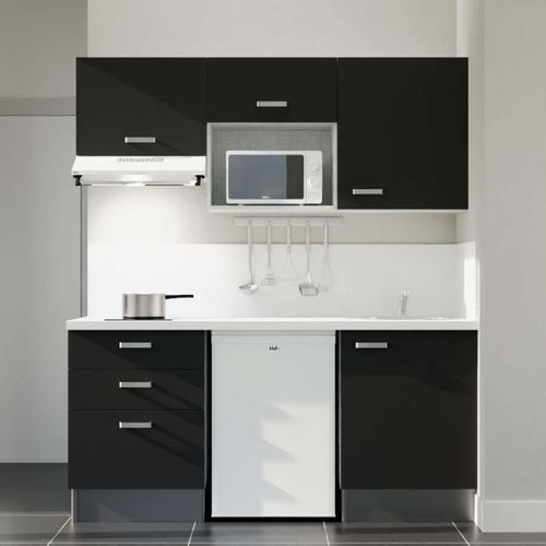 Kitchenette K20l-pt - 180 Cm-façade Noir-plan Blanc-evier Inox-crédences Oui+electro Blanc