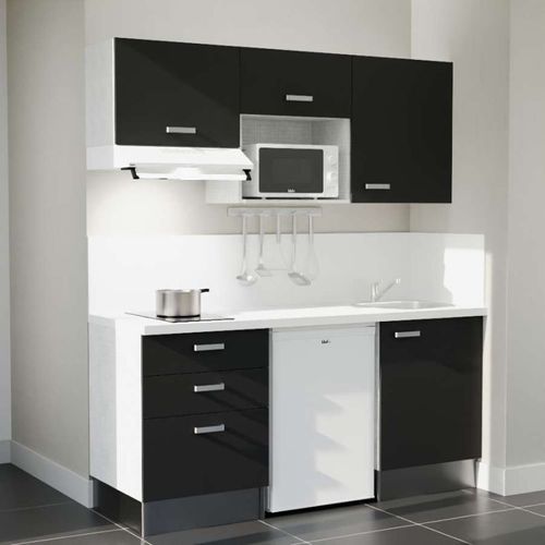 Kitchenette K20l-pt - 180 Cm-façade Noir-plan Blanc-evier Inox-crédences Oui+electro Blanc