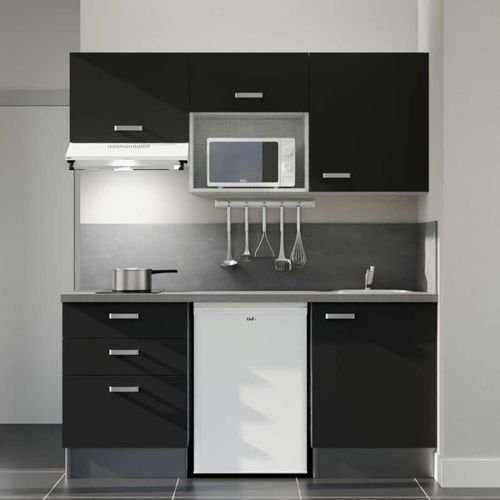 Kitchenette K20l-pt - 180 Cm-façade Noir-plan Gris Béton-evier Inox-crédences Oui+electro Blanc