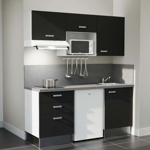 Kitchenette K20l-pt - 180 Cm-façade Noir-plan Gris Béton-evier Inox-crédences Oui+electro Blanc