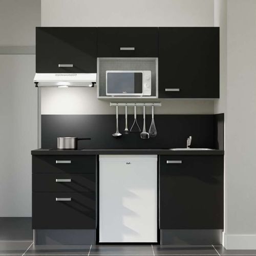 Kitchenette K20l-pt - 180 Cm-façade Noir-plan Noir Texturé-evier Inox-crédences Oui+electro Blanc