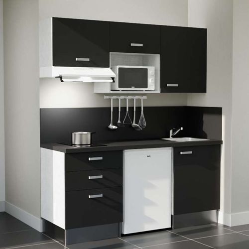Kitchenette K20l-pt - 180 Cm-façade Noir-plan Noir Texturé-evier Inox-crédences Oui+electro Blanc
