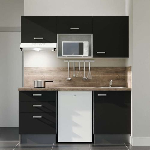 Kitchenette K20l-pt - 180 Cm-façade Noir-plan Bois-evier Inox-crédences Oui+electro Blanc