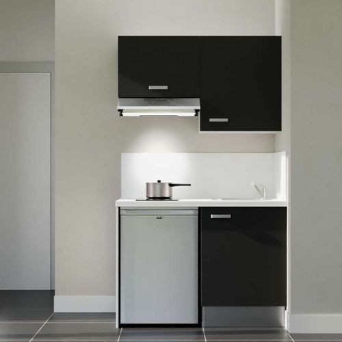 Kitchenette K01l-pt - 120 Cm-façade Noir-plan Blanc-evier Inox-crédences Oui+electro Inox