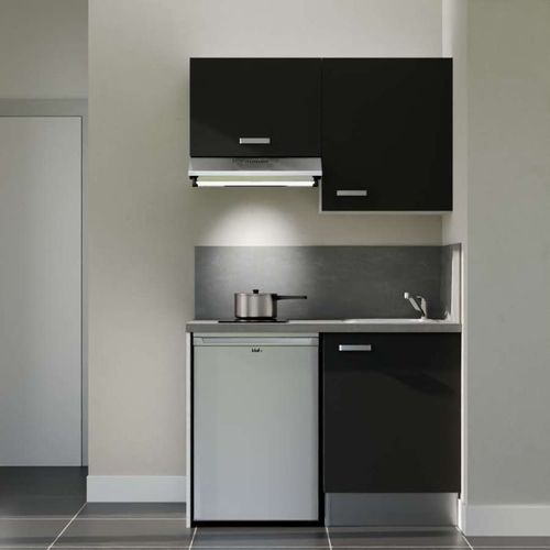 Kitchenette K01l-pt - 120 Cm-façade Noir-plan Gris Béton-evier Inox-crédences Oui+electro Inox