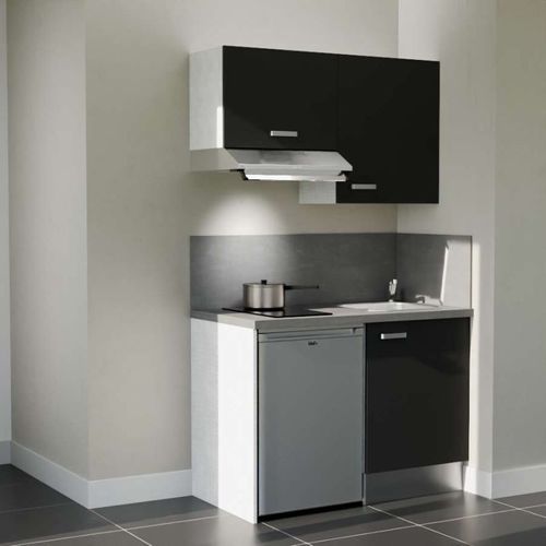 Kitchenette K01l-pt - 120 Cm-façade Noir-plan Gris Béton-evier Inox-crédences Oui+electro Inox