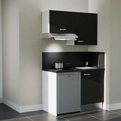 Kitchenette K01l-pt - 120 Cm-façade Noir-plan Noir Texturé-evier Inox-crédences Oui+electro Inox
