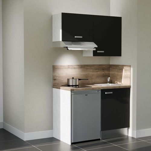 Kitchenette K01l-pt - 120 Cm-façade Noir-plan Bois-evier Inox-crédences Oui+electro Inox