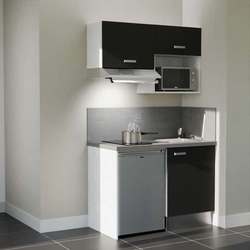 Kitchenette K02l-pt - 120 Cm-façade Noir-plan Gris Béton-evier Inox-crédences Oui+electro Inox
