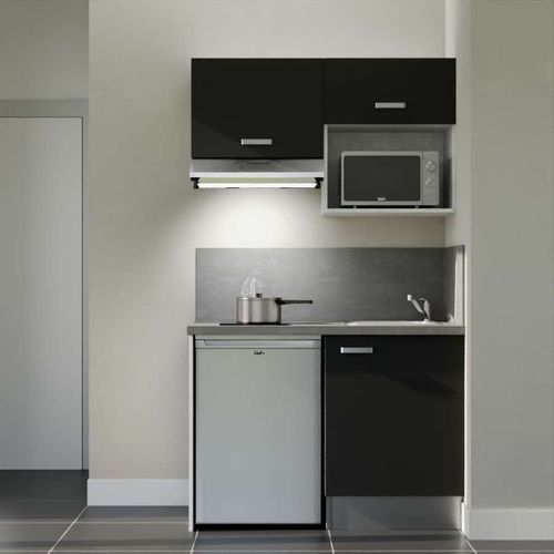 Kitchenette K02l-pt - 120 Cm-façade Noir-plan Gris Béton-evier Inox-crédences Oui+electro Inox