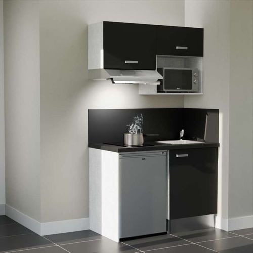 Kitchenette K02l-pt - 120 Cm-façade Noir-plan Noir Texturé-evier Inox-crédences Oui+electro Inox