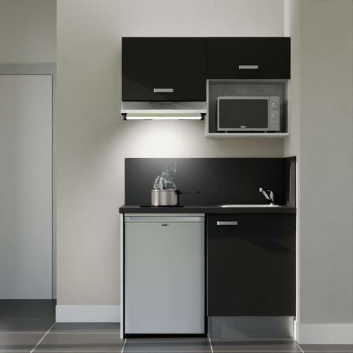 Kitchenette K02l-pt - 120 Cm-façade Noir-plan Noir Texturé-evier Inox-crédences Oui+electro Inox