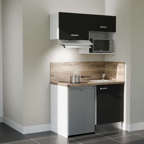 Kitchenette K02l-pt - 120 Cm-façade Noir-plan Bois-evier Inox-crédences Oui+electro Inox