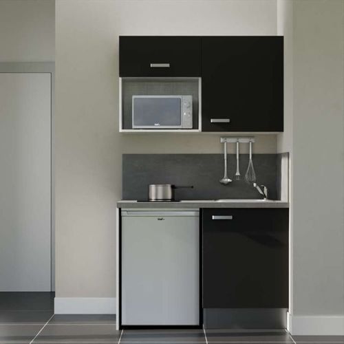 Kitchenette K07l-pt - 120 Cm-façade Noir-plan Gris Béton-evier Inox-crédences Oui+electro Inox