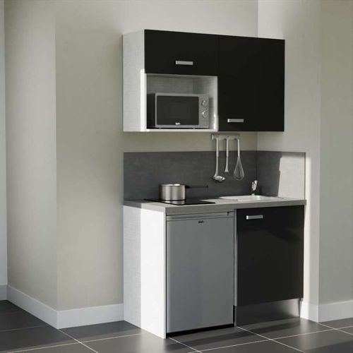 Kitchenette K07l-pt - 120 Cm-façade Noir-plan Gris Béton-evier Inox-crédences Oui+electro Inox