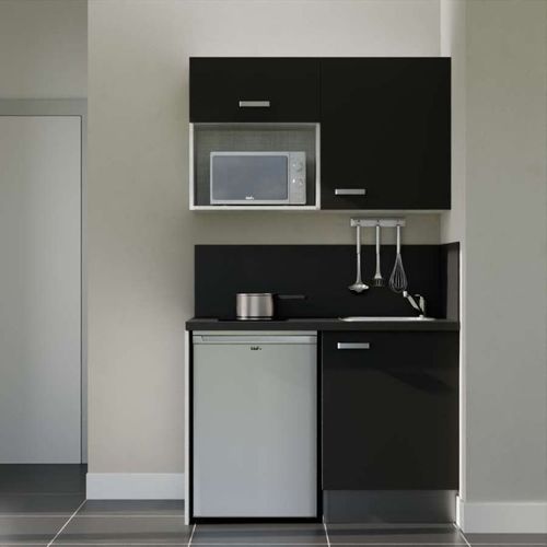Kitchenette K07l-pt - 120 Cm-façade Noir-plan Noir Texturé-evier Inox-crédences Oui+electro Inox