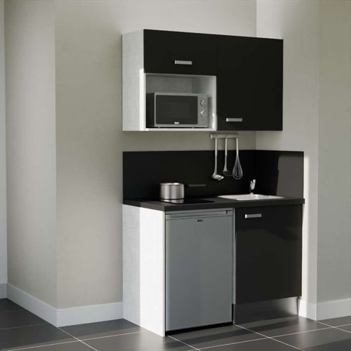Kitchenette K07l-pt - 120 Cm-façade Noir-plan Noir Texturé-evier Inox-crédences Oui+electro Inox
