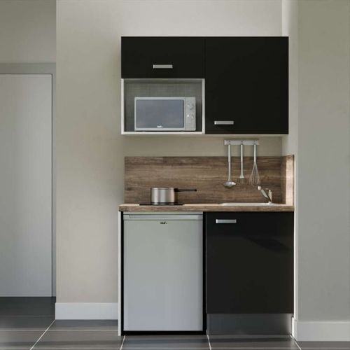 Kitchenette K07l-pt - 120 Cm-façade Noir-plan Bois-evier Inox-crédences Oui+electro Inox